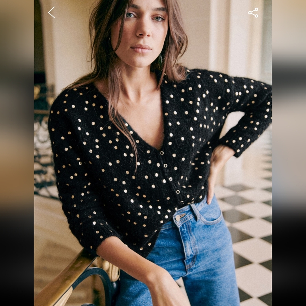 Sezane Lizy Wool/ Kid Mohair Long Sleeve Black Cardigan w/ Gold Polka Dots - Picture 2 of 7